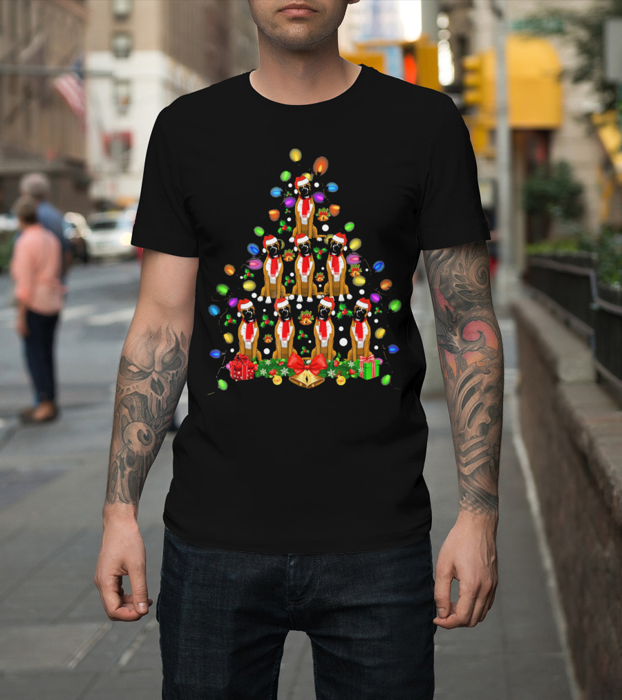 Boxer Dogs In Christmas Tree With Lights And Santa Hats T-Shirt