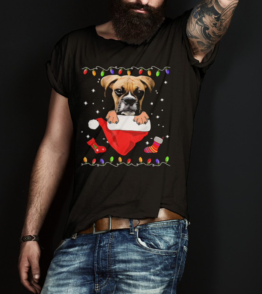 Festive Boxer Dog Christmas With Santa Hat And Holiday Lights T-Shirt