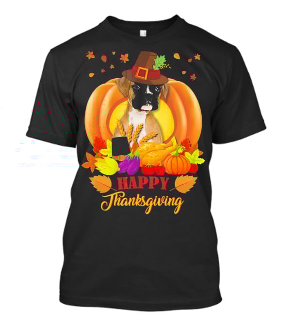 Boxer Dog In Pilgrim Hat Happy Thanksgiving Pumpkin Harvest T-Shirt