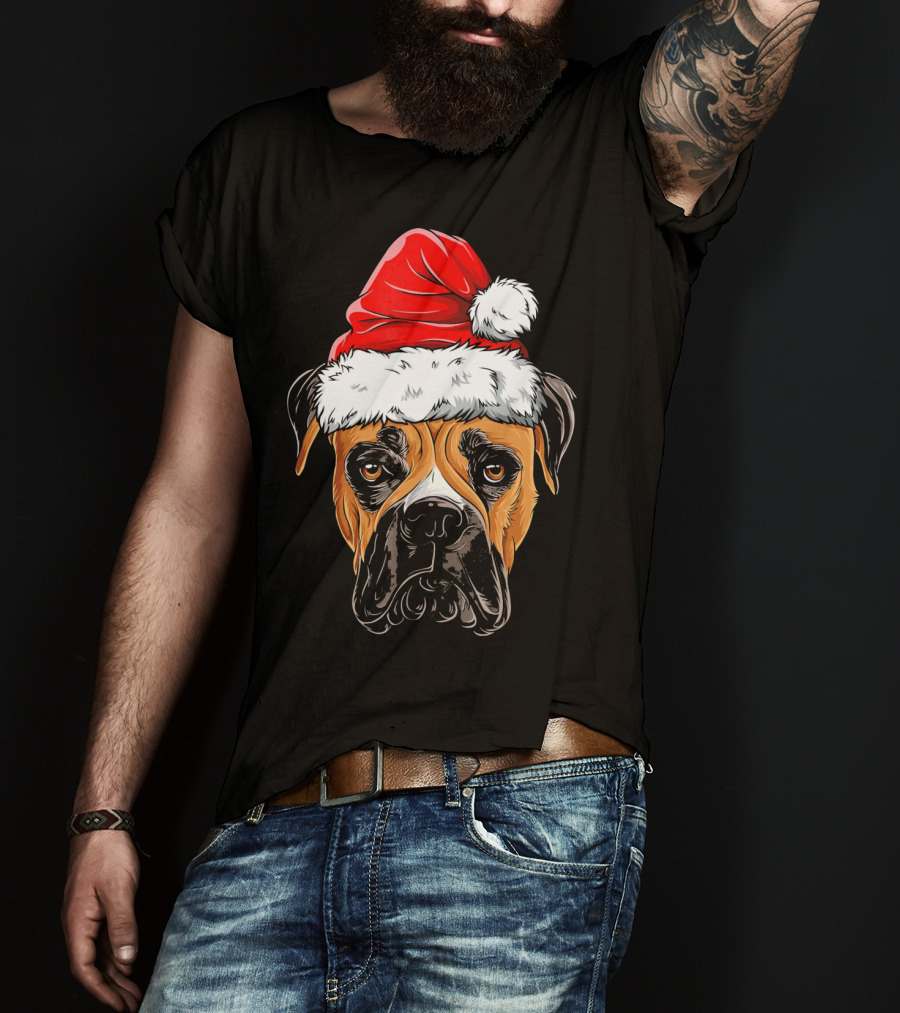 Boxer Dog Wearing Santa Hat T-Shirt
