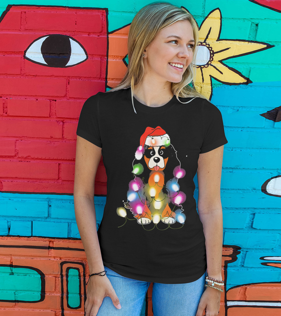 Cavalier King Charles Spaniel Festive Christmas Lights With Santa Hat T-Shirt