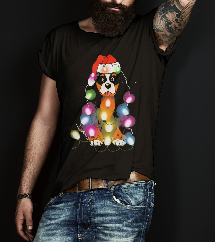 Cavalier King Charles Spaniel Festive Christmas Lights With Santa Hat T-Shirt