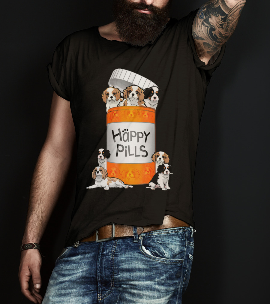 Cavalier King Charles Spaniel Happy Pills Illustration With Puppies In Pill Bottle T-Shirt
