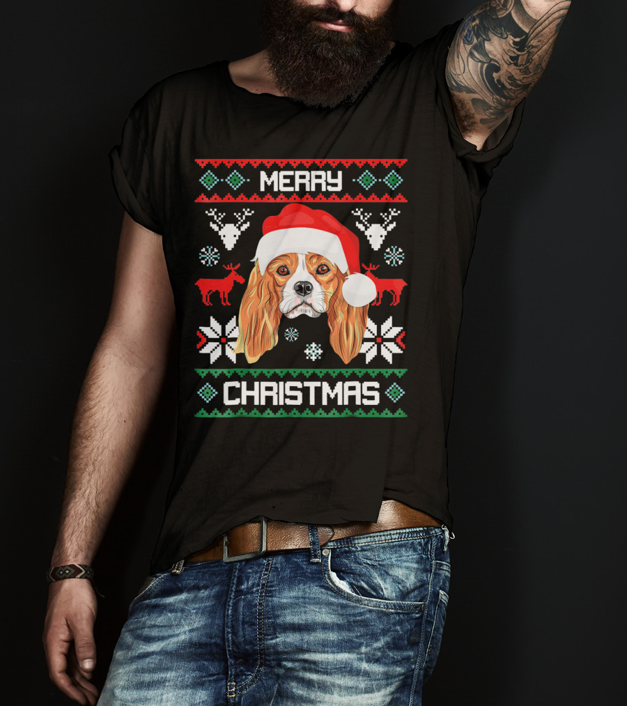 Merry Christmas Cavalier King Charles Spaniel Ugly Sweater Santa Hat T-Shirt