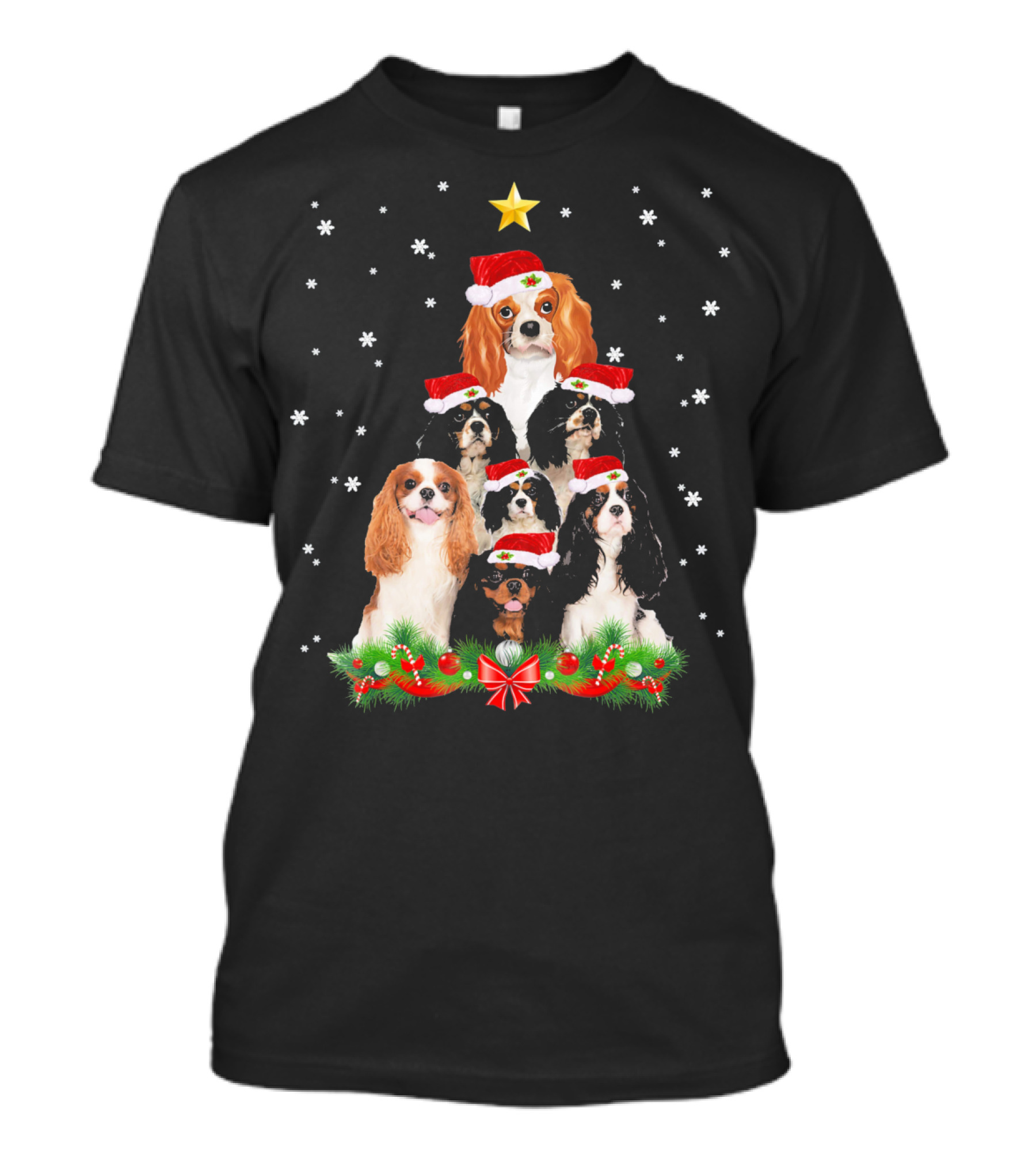 Cavalier King Christmas Tree With Santa Hat Dogs And Snowflakes T-Shirt