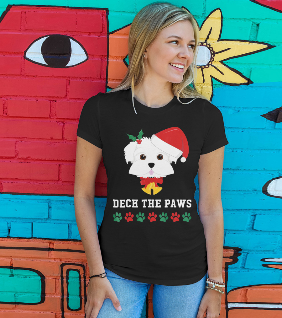 Deck The Paws Christmas Dog Maltese Santa Hat Paw Prints T-Shirt
