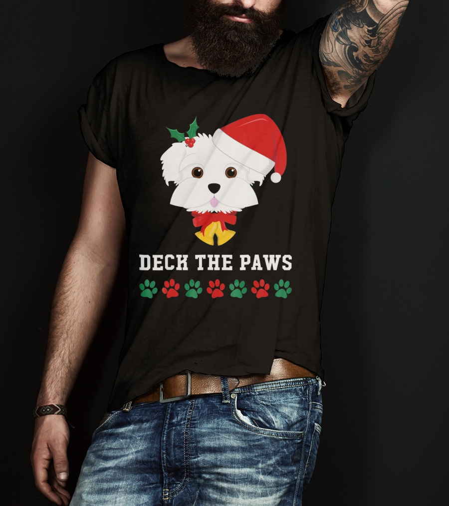 Deck The Paws Christmas Dog Maltese Santa Hat Paw Prints T-Shirt