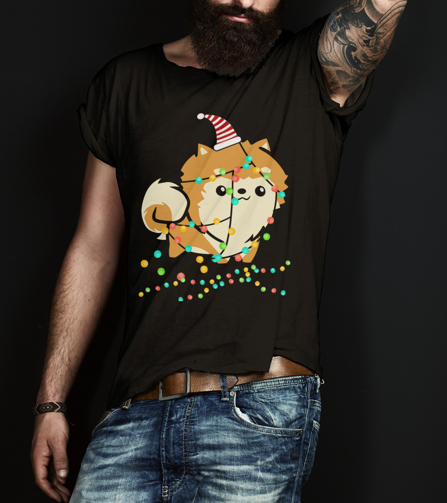 Christmas Lights Pomeranian Santa Hat T-Shirt