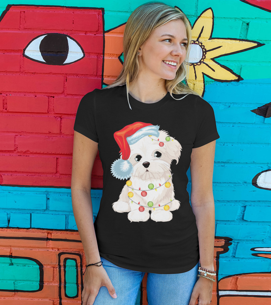 Santa Hat Maltese Dog Wrapped In Christmas Lights T-Shirt