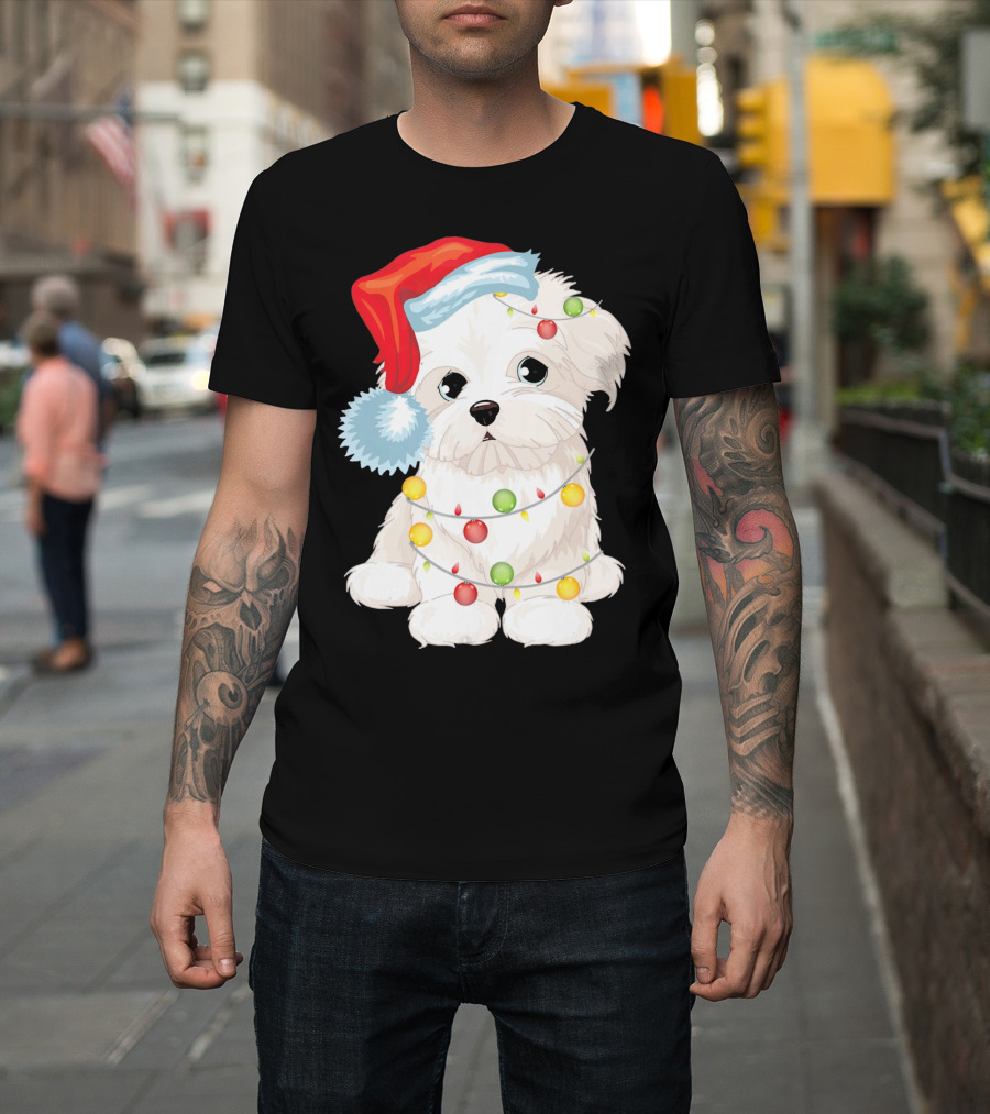 Santa Hat Maltese Dog Wrapped In Christmas Lights T-Shirt
