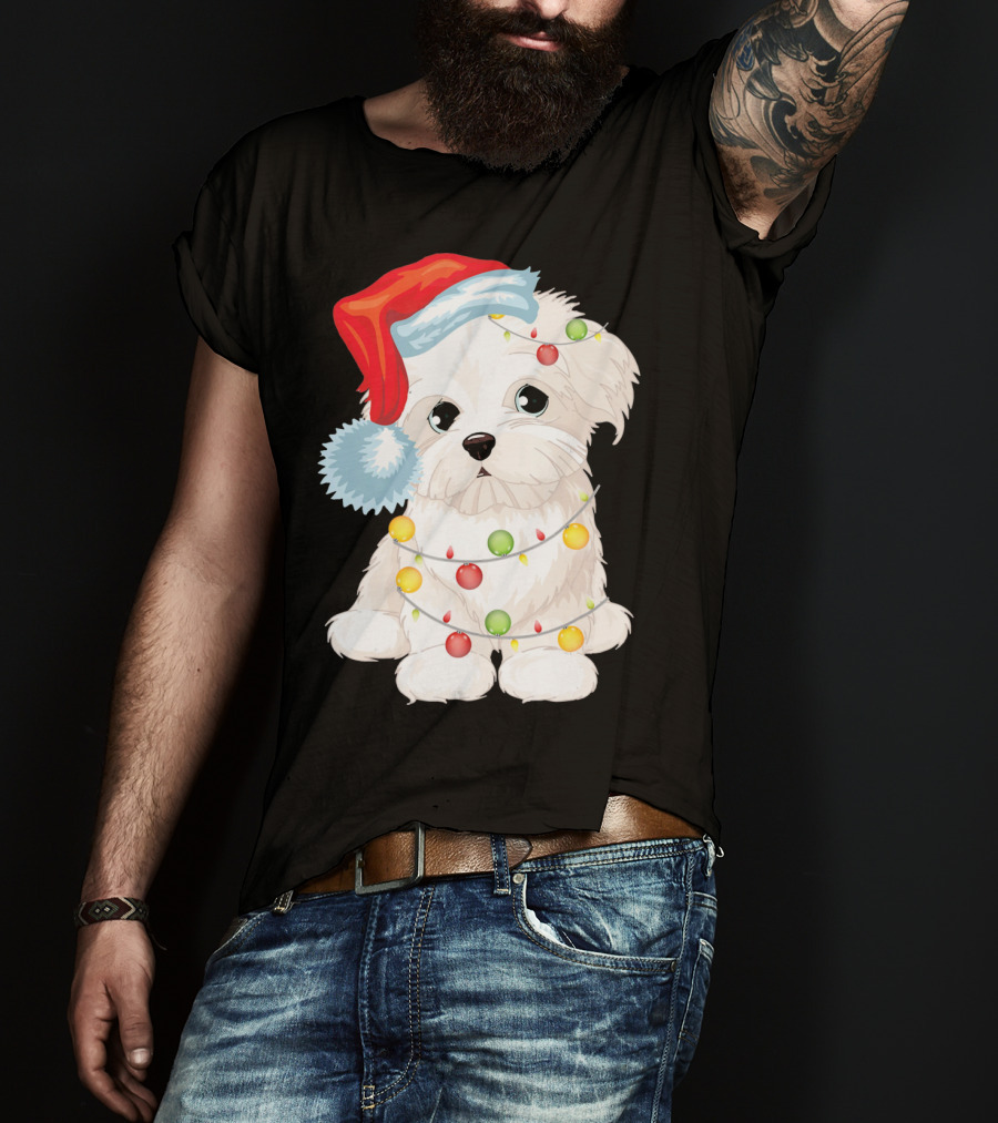 Santa Hat Maltese Dog Wrapped In Christmas Lights T-Shirt
