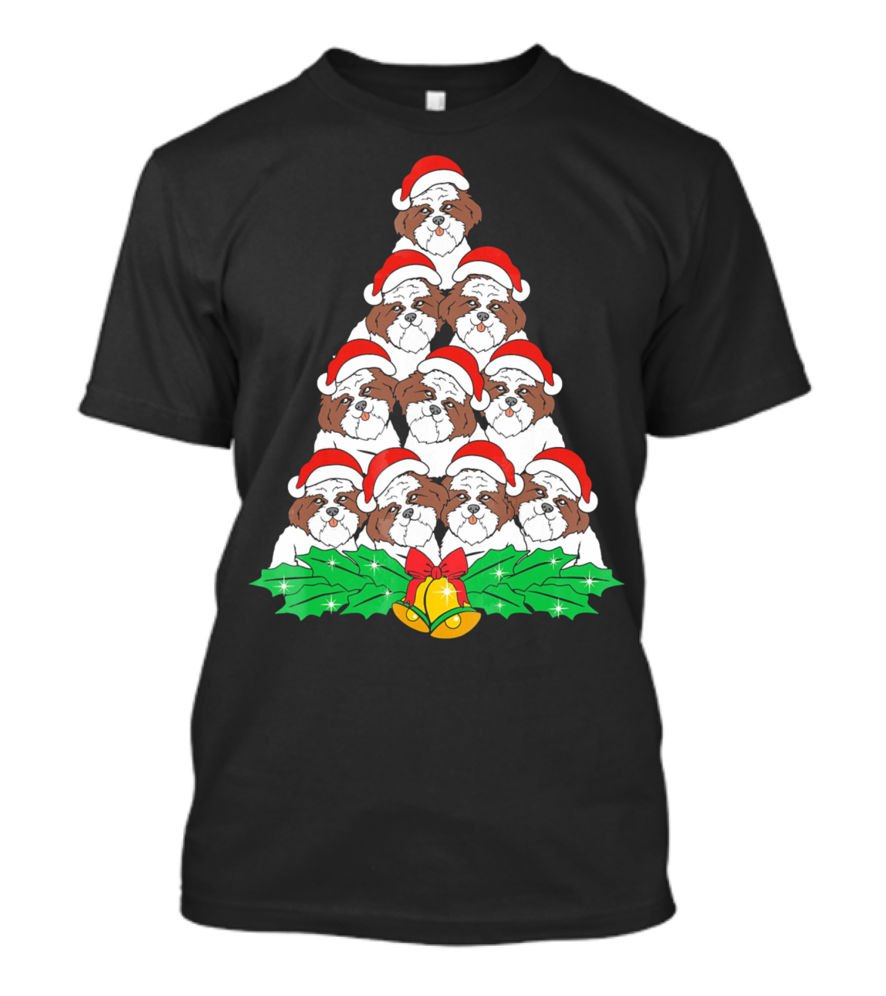 Christmas Shih Tzu Santa Hats Tree With Holly And Bells T-Shirt