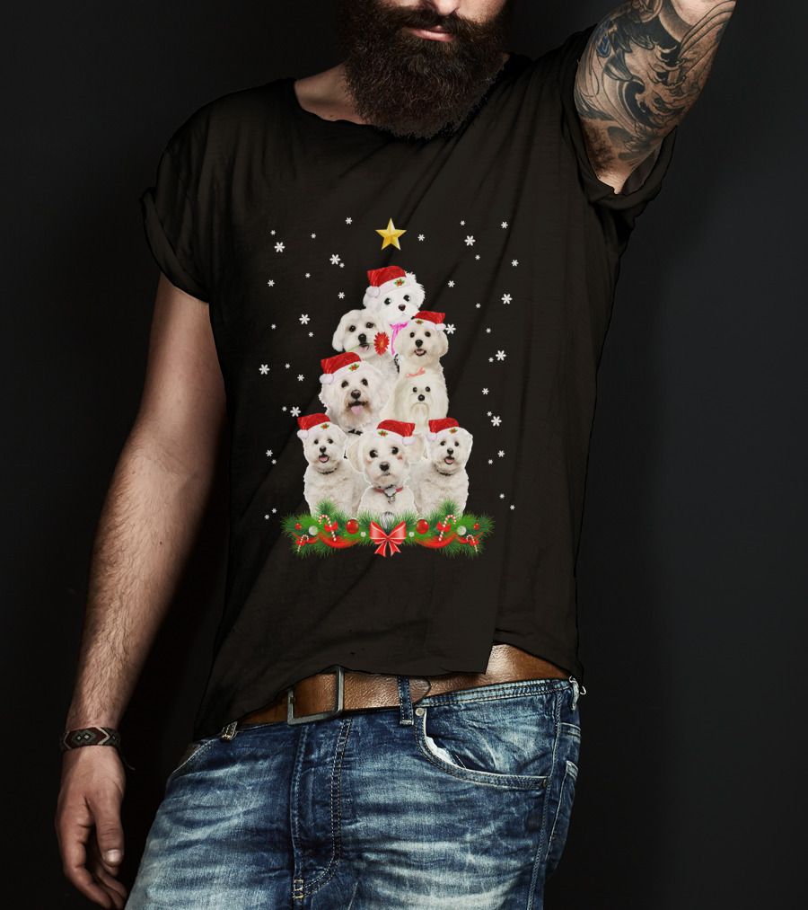 Maltese Dogs Christmas Tree With Santa Hats And Star T-Shirt