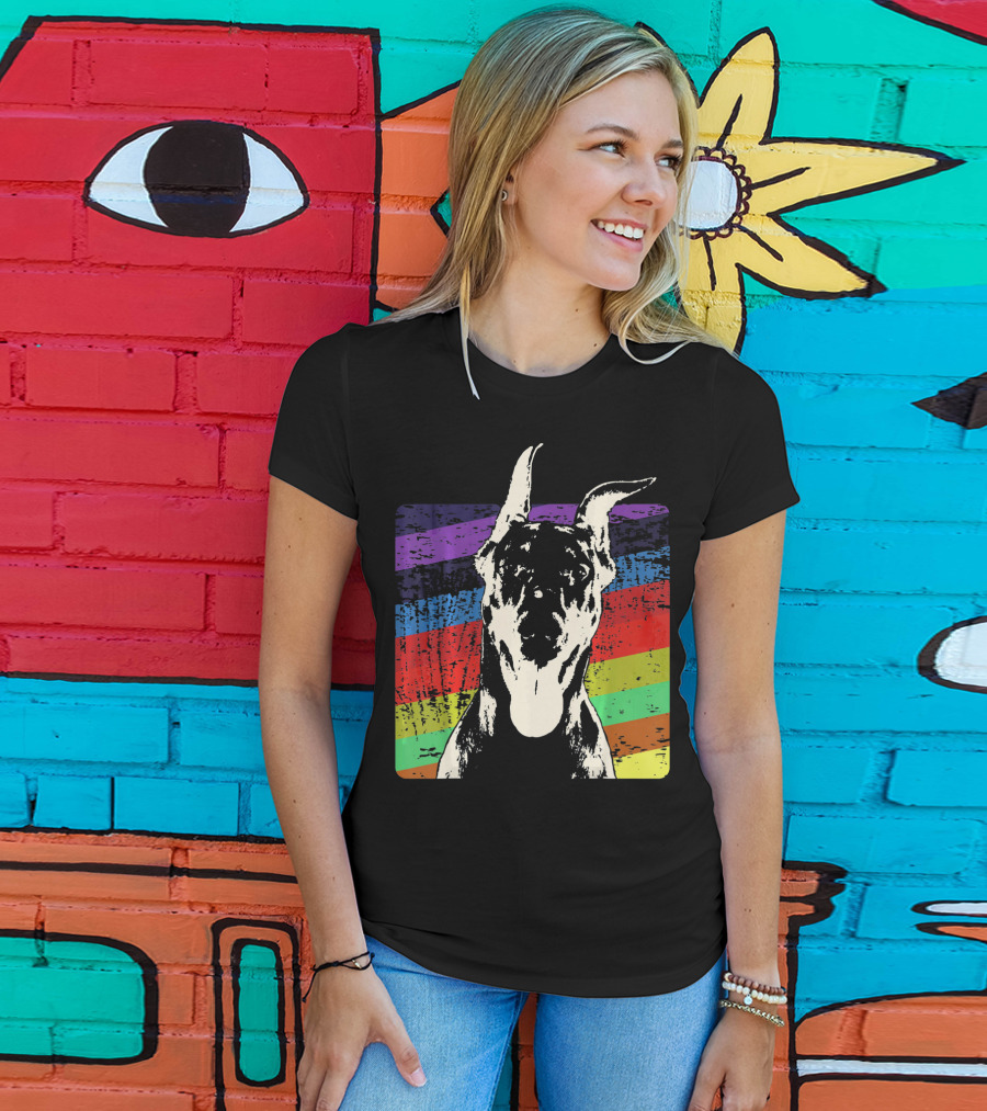 Classic Vintage Doberman Pinscher Rainbow Stripes Retro T-Shirt