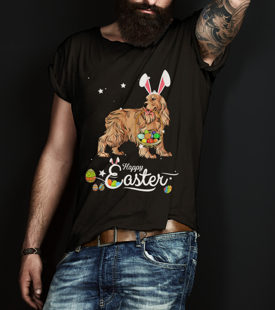 Cocker Spaniel With Bunny Hat Holding Easter Egg Basket Happy Easter T-Shirt