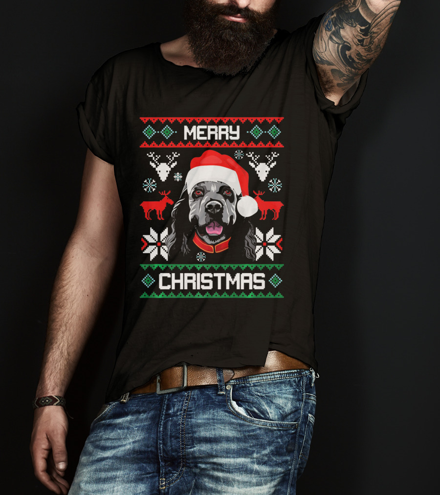Merry Christmas Cocker Spaniel Dog Santa Hat Retro Holiday T-Shirt