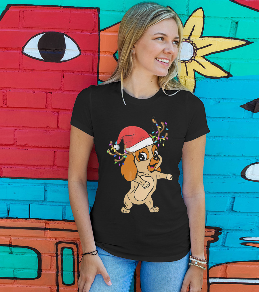 Cocker Spaniel Reindeer Christmas Funny Dog With Santa Hat And Festive Antlers T-Shirt