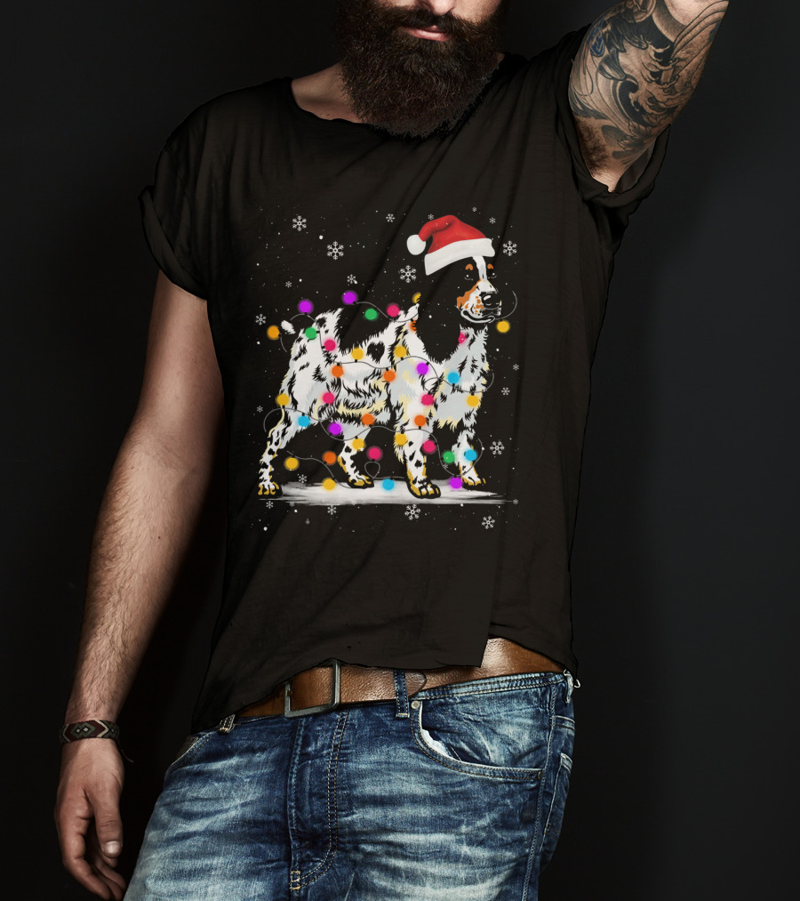 Cocker Spaniel Santa Hat Christmas Lights Snowflakes T-Shirt