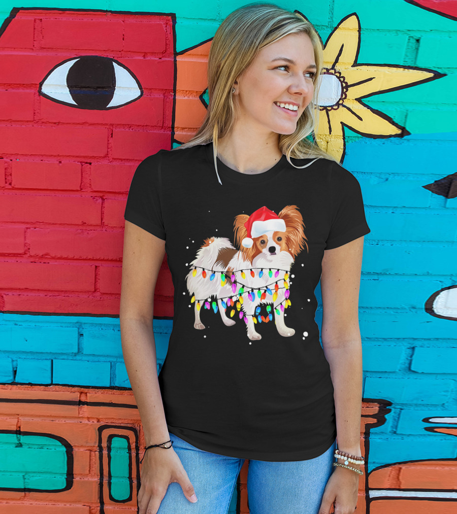 Papillon Dog Wrapped In Christmas Lights Wearing Santa Hat T-Shirt