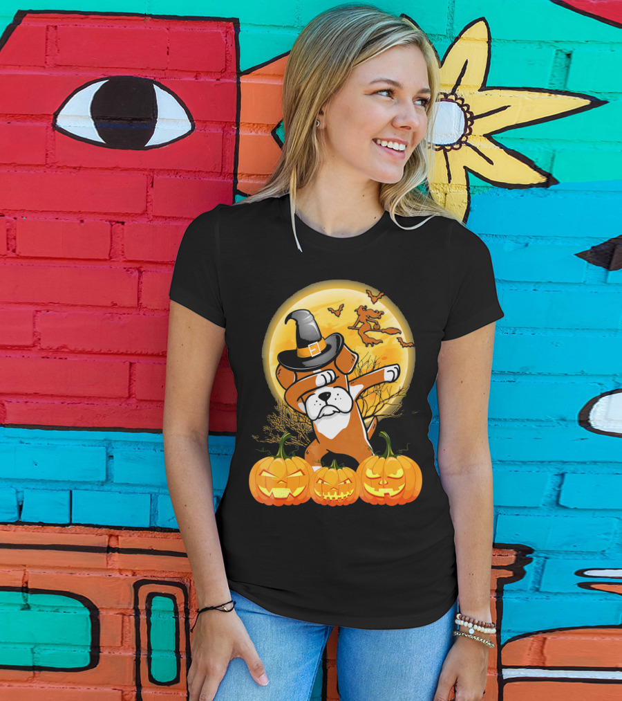 Halloween Dabbing Boxer Dog Witch Hat Pumpkins Bats Moon T-Shirt