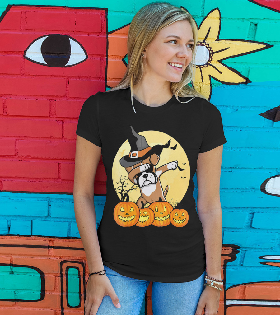 Dabbing Boxer Dog Witch Hat Pumpkin Halloween Dab Dance T-Shirt