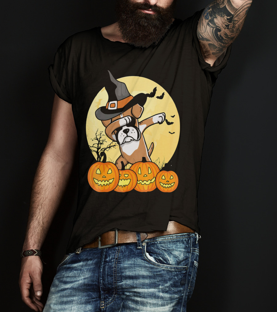 Dabbing Boxer Dog Witch Hat Pumpkin Halloween Dab Dance T-Shirt