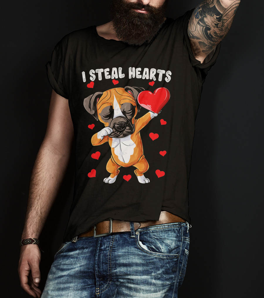 Dabbing Boxer Dog Holding Red Heart I Steal Hearts T-Shirt