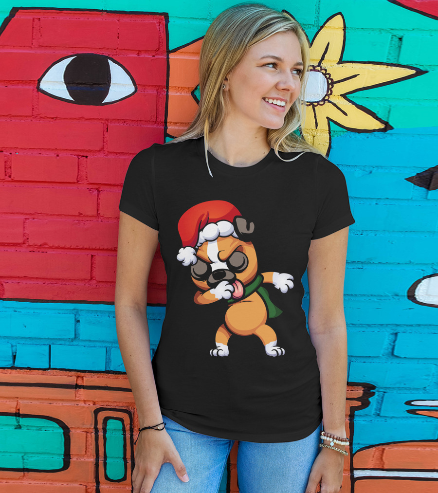 Dabbing Boxer Santa Dog Cartoon With Christmas Hat And Scarf T-Shirt