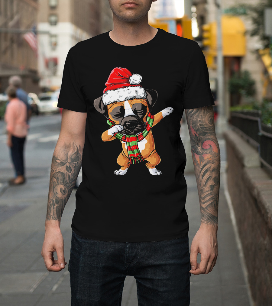 Boxer Dog Dabbing Santa Hat Christmas Scarf T-Shirt