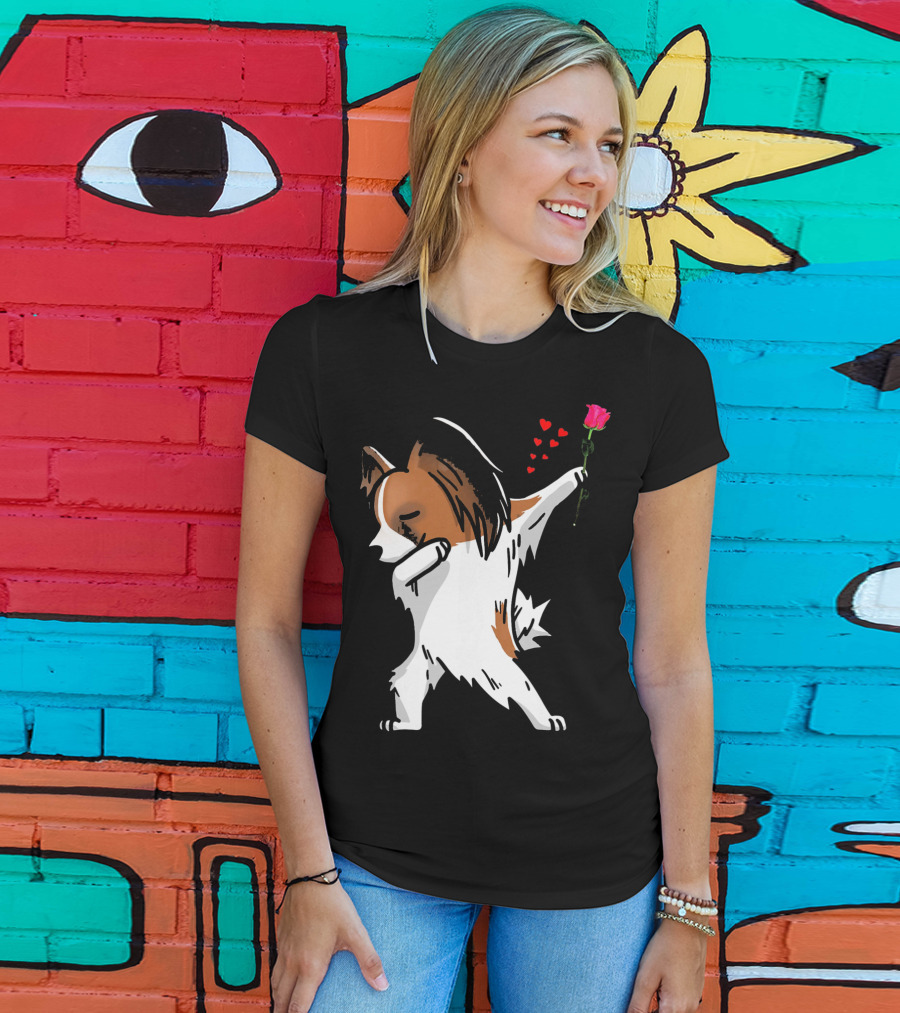 Dabbing Papillon Dog Holding Rose With Hearts For Valentines Day T-Shirt