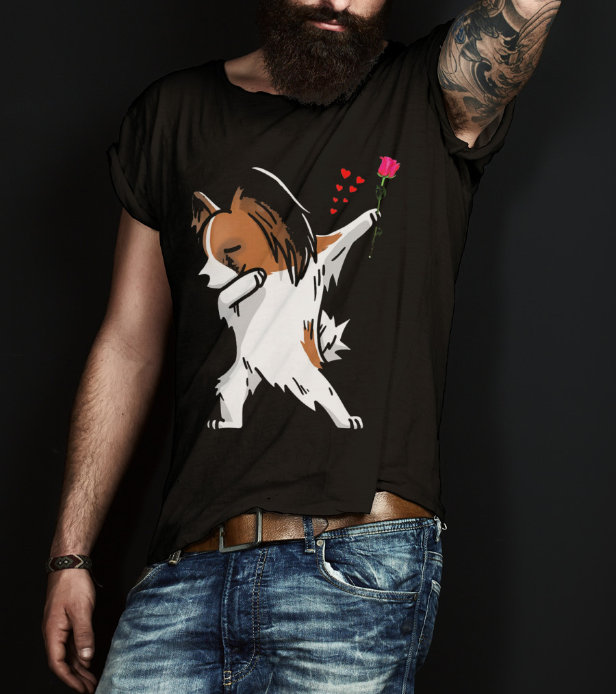 Dabbing Papillon Dog Holding Rose With Hearts For Valentines Day T-Shirt