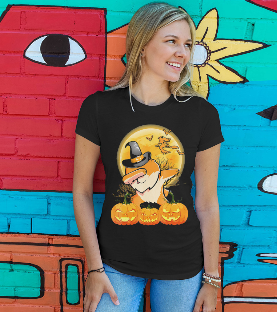Dabbing Pomeranian Dog Halloween Pumpkin Witch Moon T-Shirt