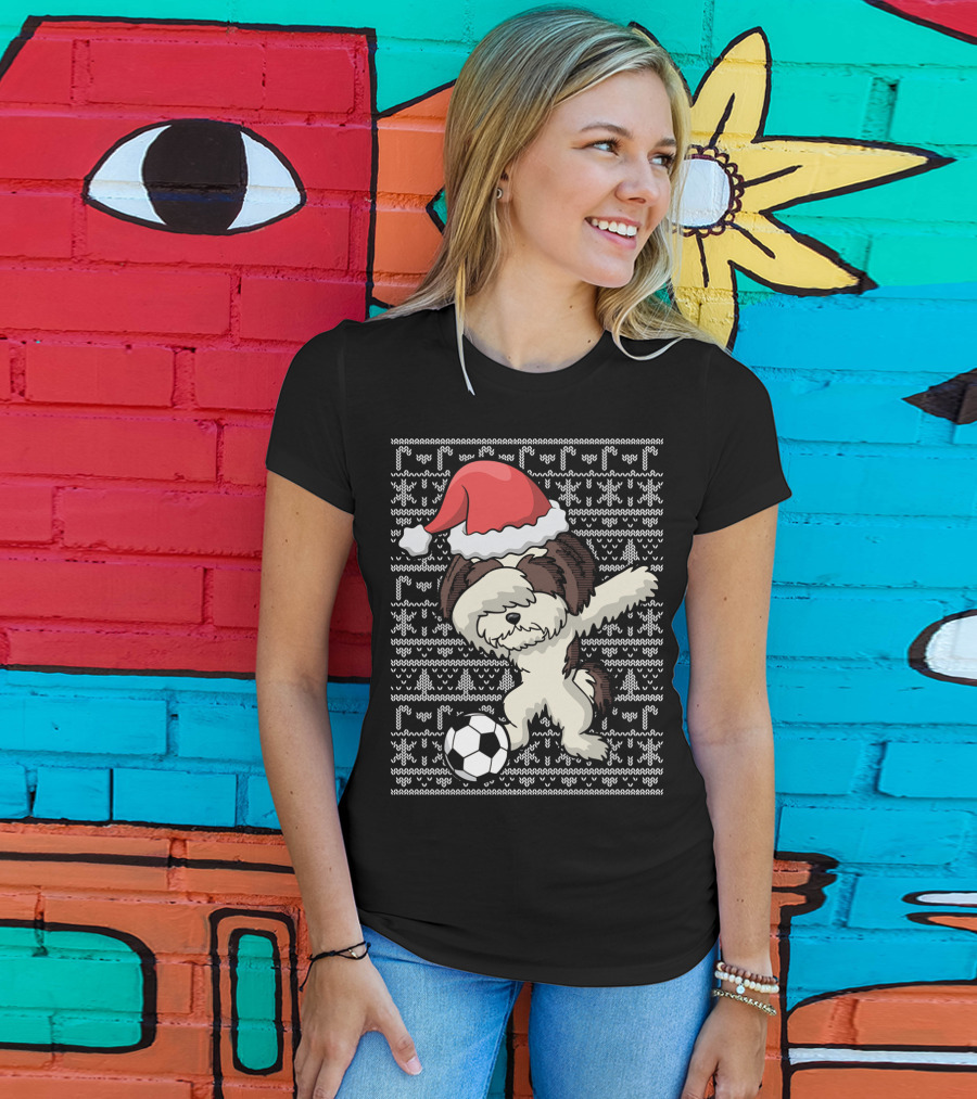 Santa Hat Dabbing Shih Tzu Soccer Ball Holiday Knit T-Shirt