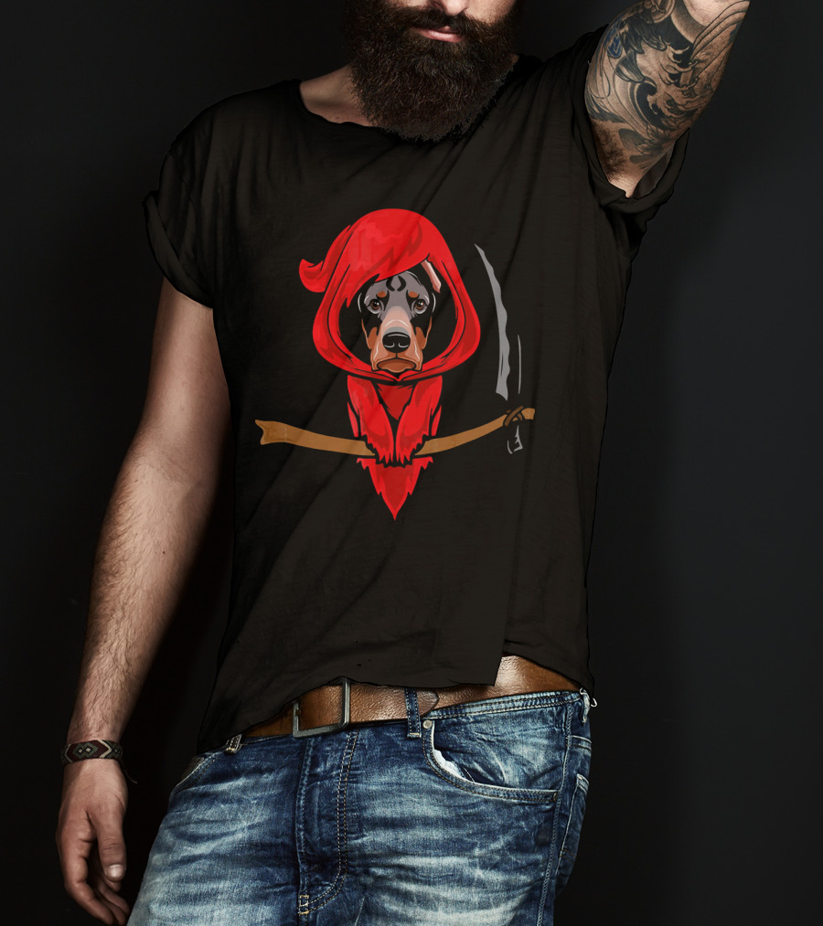 Doberman Grim Reaper Red Hood Scythe T-Shirt