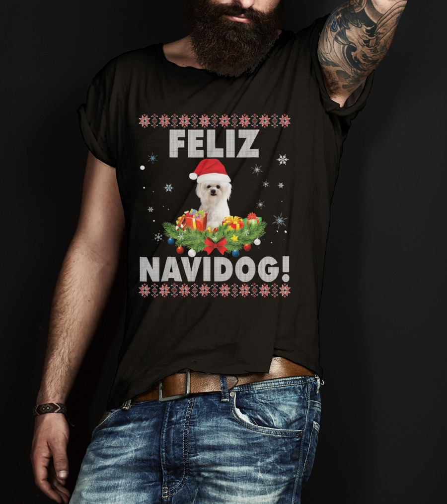 Feliz Navidog Maltese Dog Christmas Santa Hat Holiday Festive T-Shirt