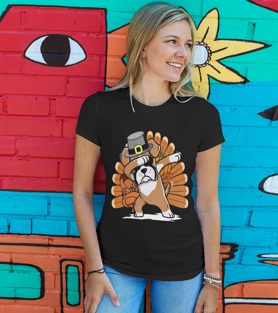 Thanksgiving Dabbing Boxer Dog Pilgrim Hat Turkey T-Shirt