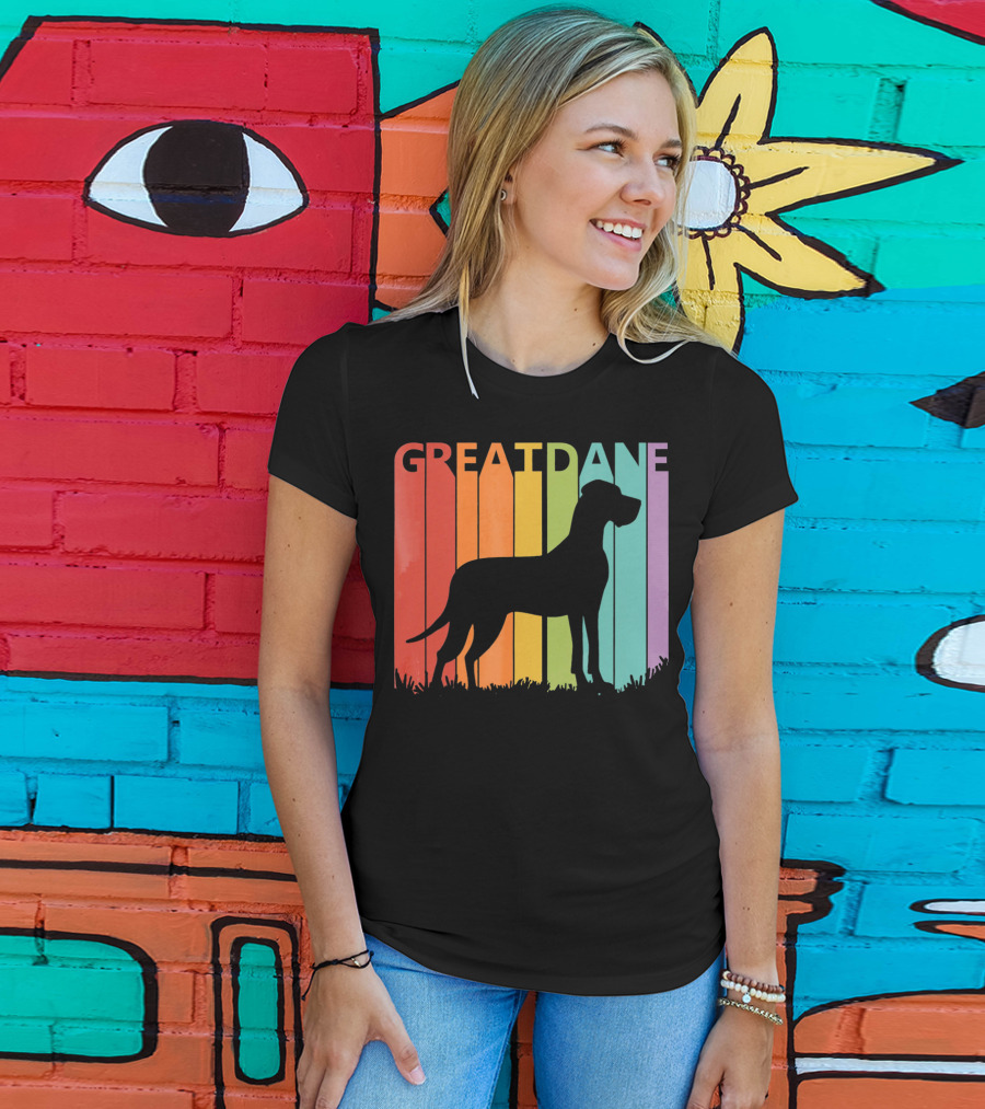 Great Dane Dog Silhouette Retro Rainbow Stripes T-Shirt