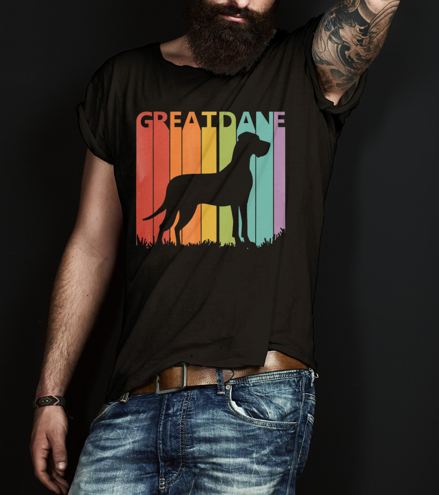Great Dane Dog Silhouette Retro Rainbow Stripes T-Shirt