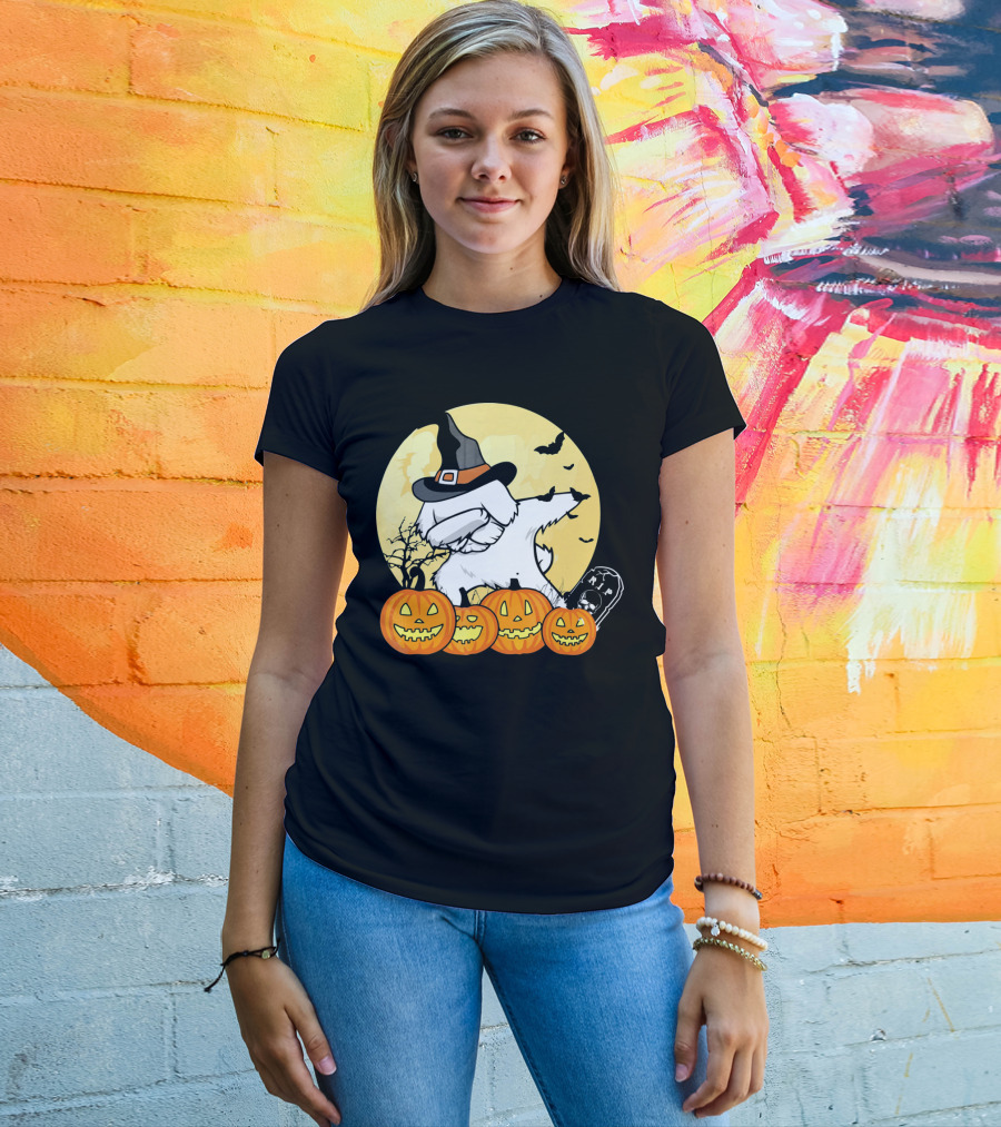 Funny Halloween Maltese Dog With Pumpkins And Witch Hat T-Shirt