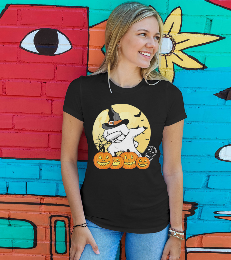 Funny Halloween Maltese Dog With Pumpkins And Witch Hat T-Shirt