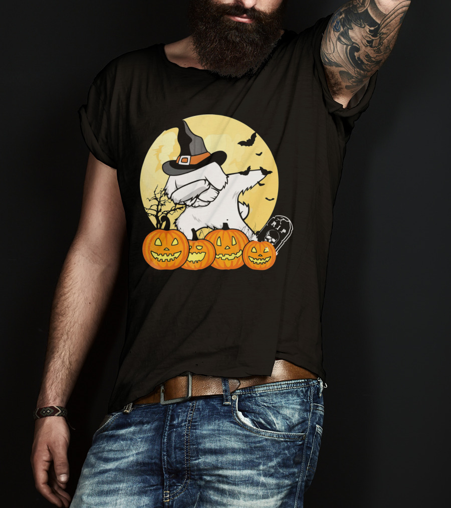 Funny Halloween Maltese Dog With Pumpkins And Witch Hat T-Shirt