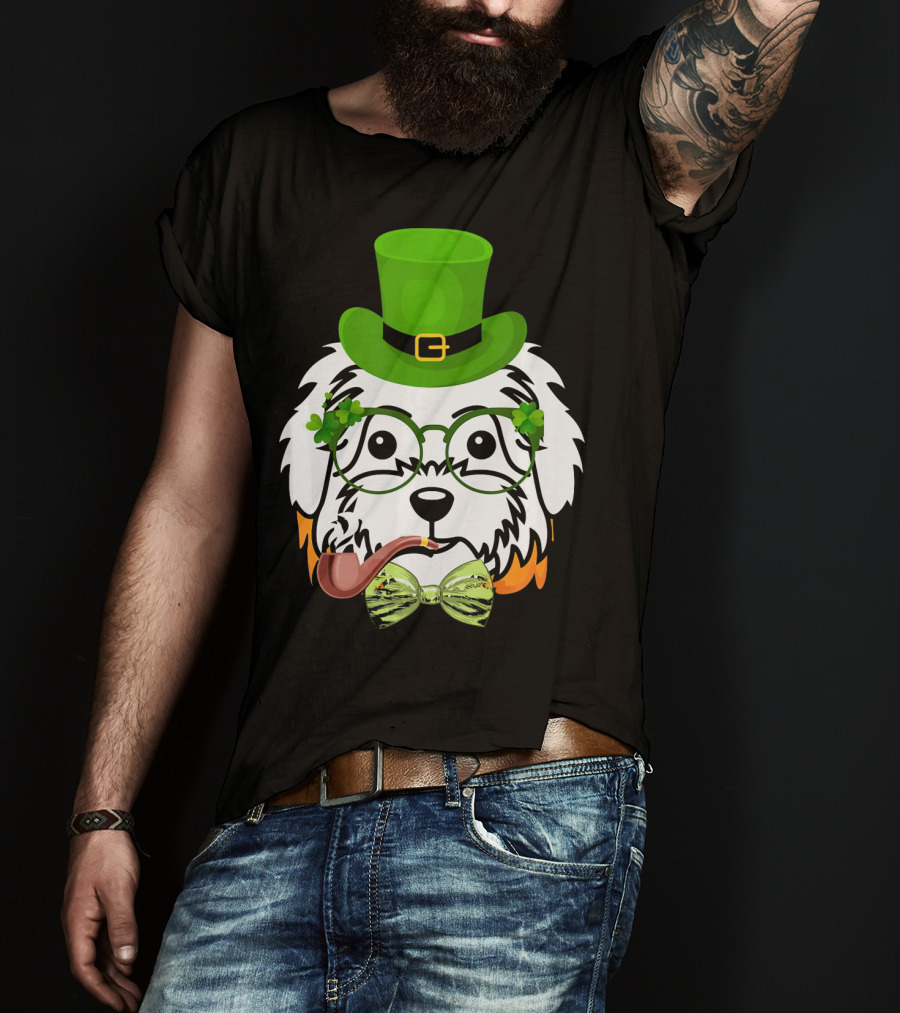 Maltese Dog In Leprechaun Hat With Pipe And Shamrocks For St Patrick's Day T-Shirt