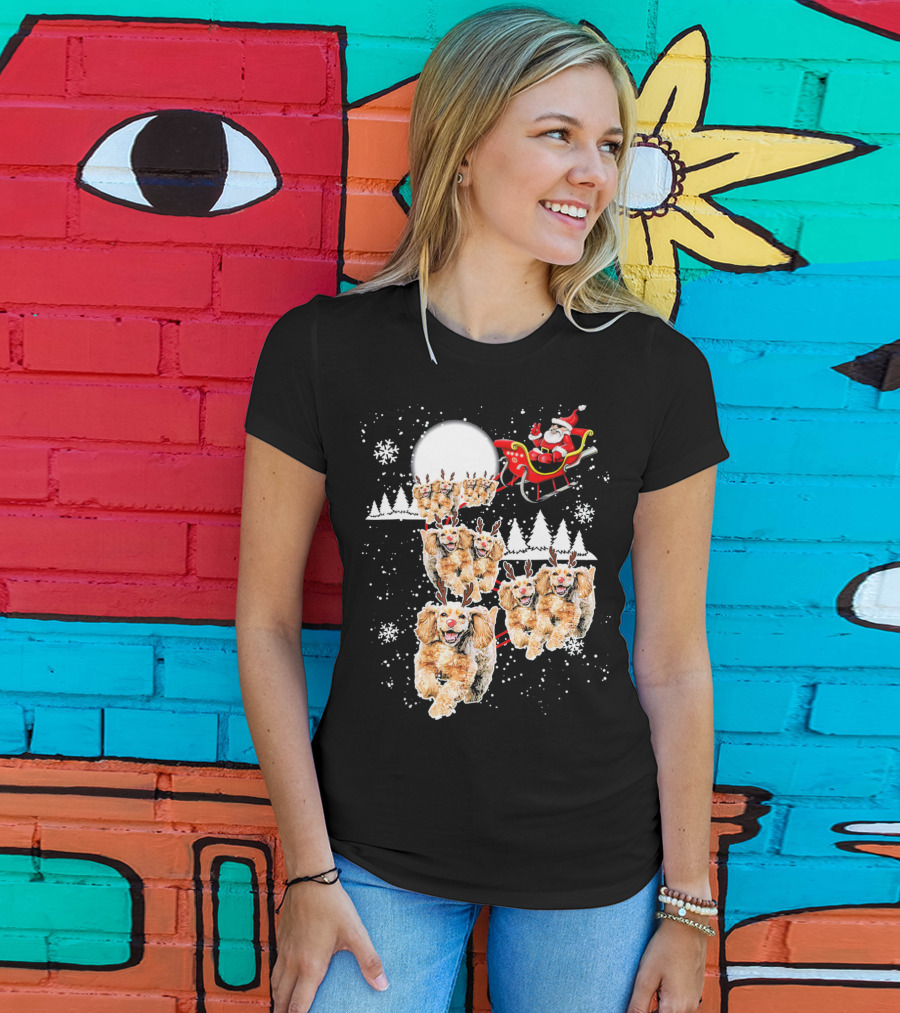 Santa Cocker Spaniel Reindeer Moon Sled Snowflakes T-Shirt
