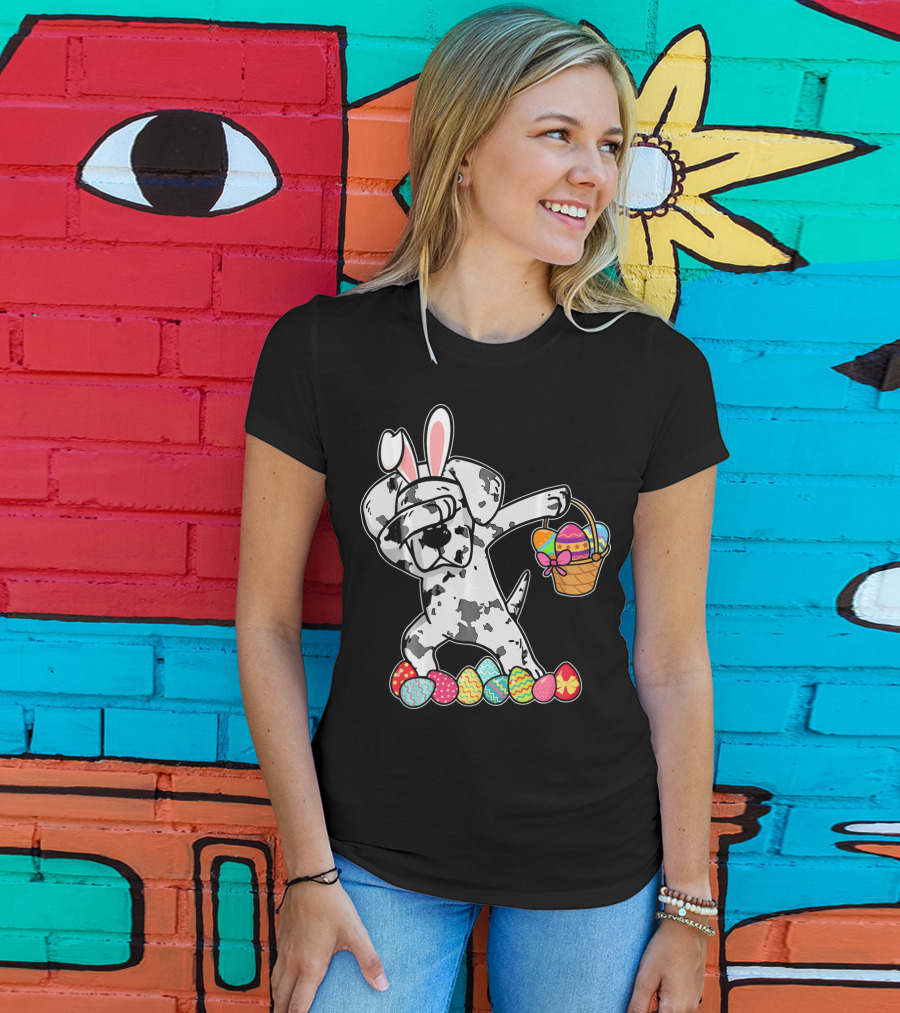 Great Dane Dabbing Easter Bunny With Egg Basket And Colorful Hunting Eggs T-Shirt