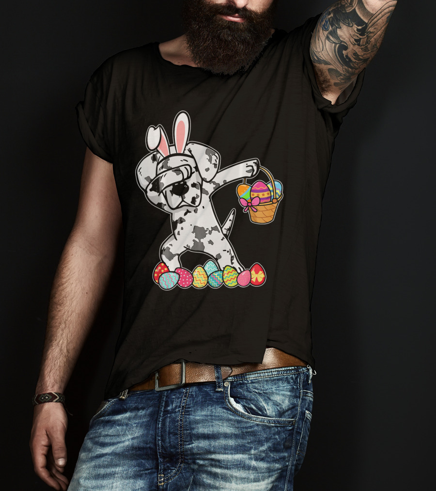 Great Dane Dabbing Easter Bunny With Egg Basket And Colorful Hunting Eggs T-Shirt