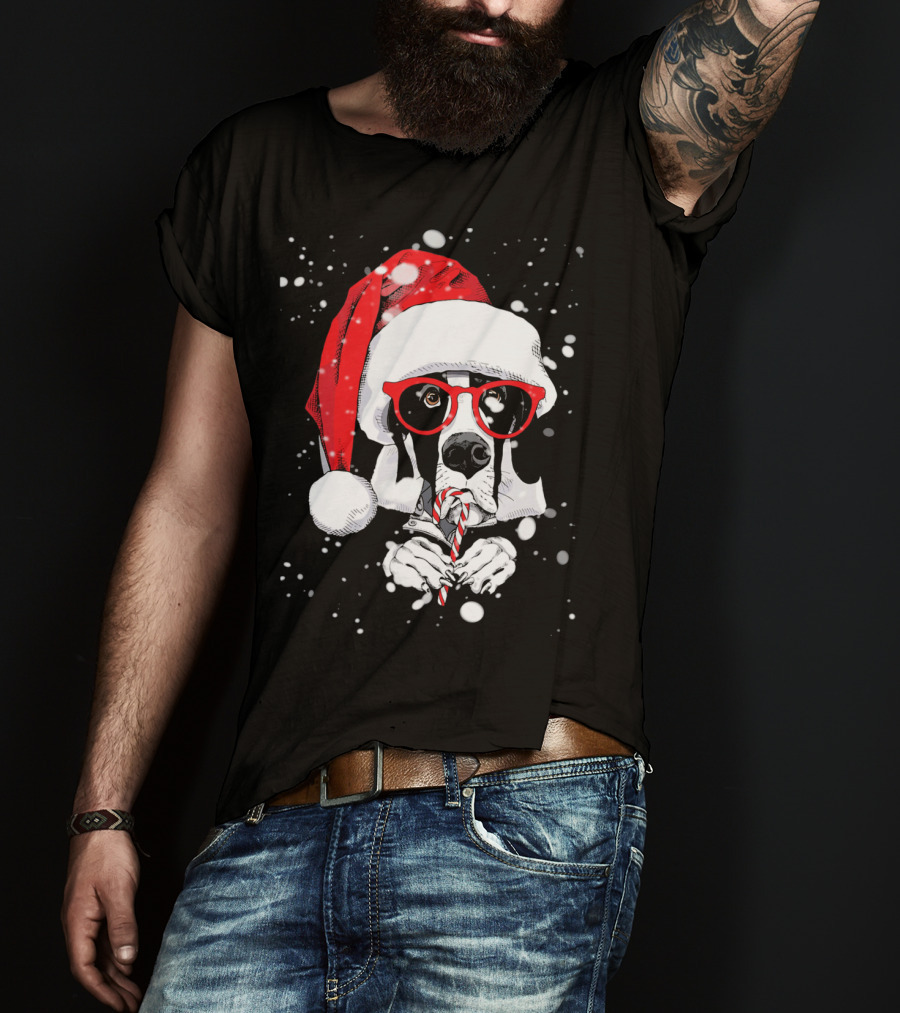 Great Dane Licking Candy Cane With Santa Xmas Hat And Red Glasses Snowflakes T-Shirt