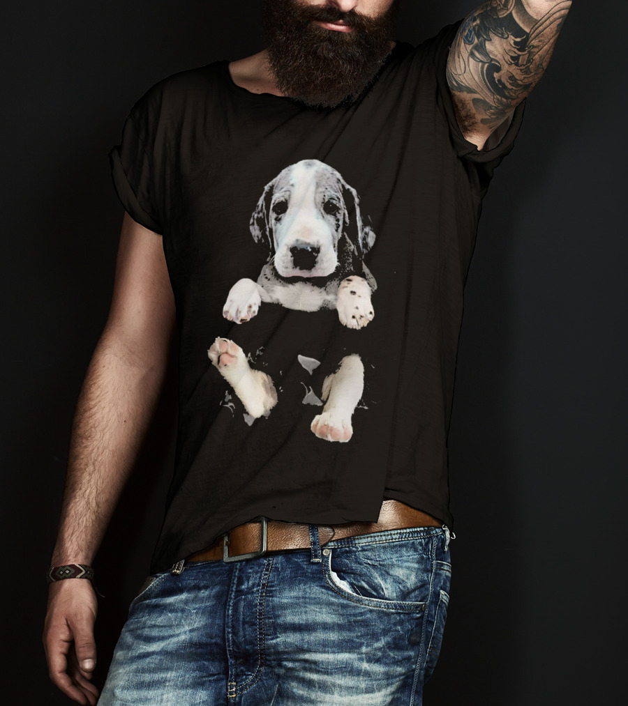 Great Dane Puppy Peeking Out Of Pocket T-Shirt