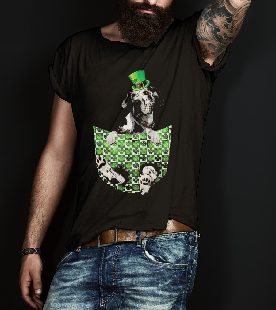 Great Dane In Pocket With Green Shamrock Patrick Hat T-Shirt