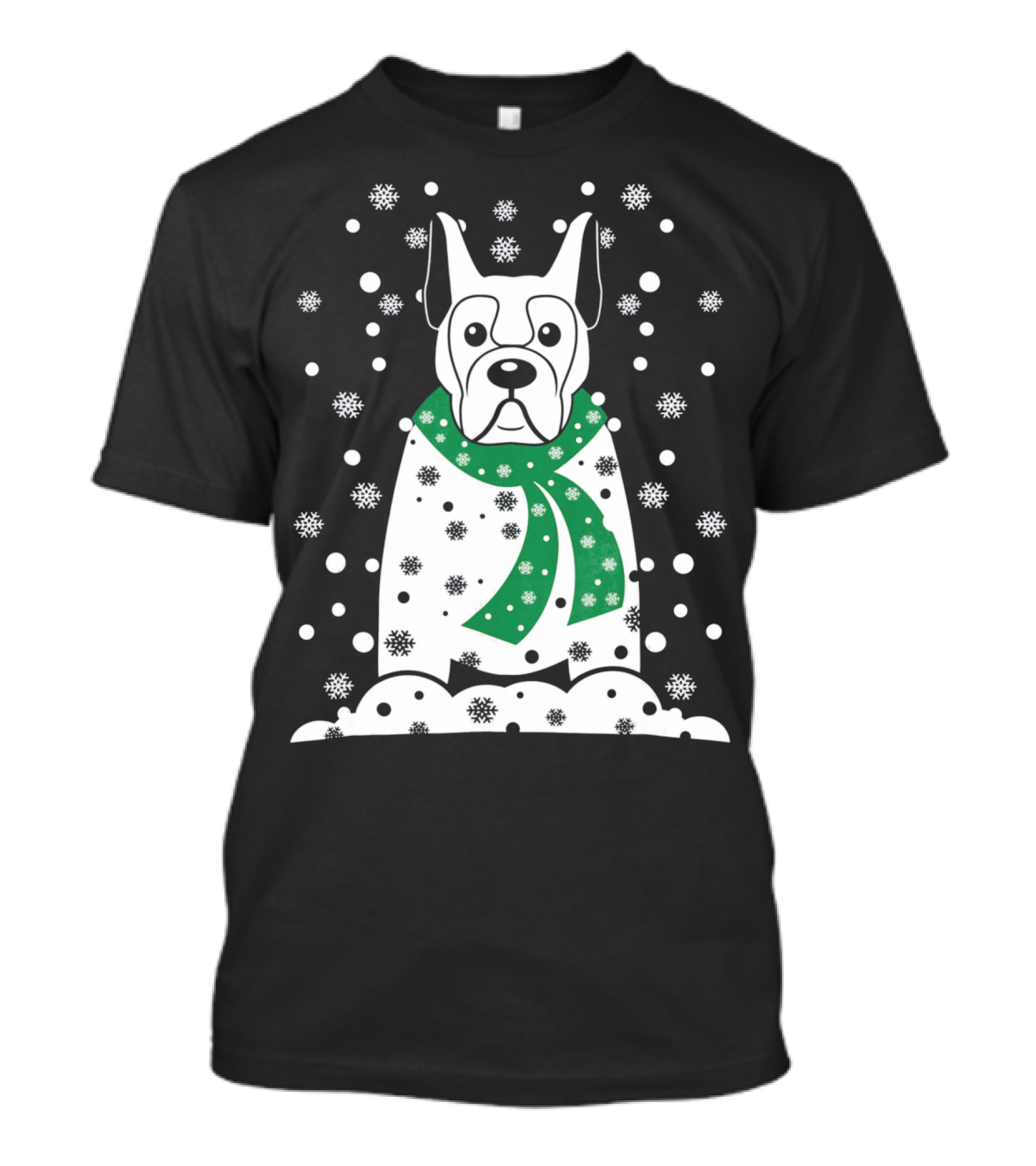 Great Dane Snowman With Green Scarf And Falling Snowflakes T-Shirt
