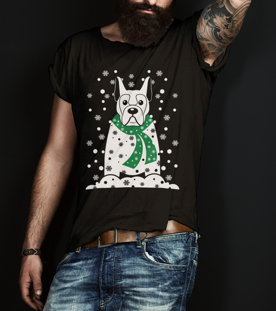 Great Dane Snowman With Green Scarf And Falling Snowflakes T-Shirt